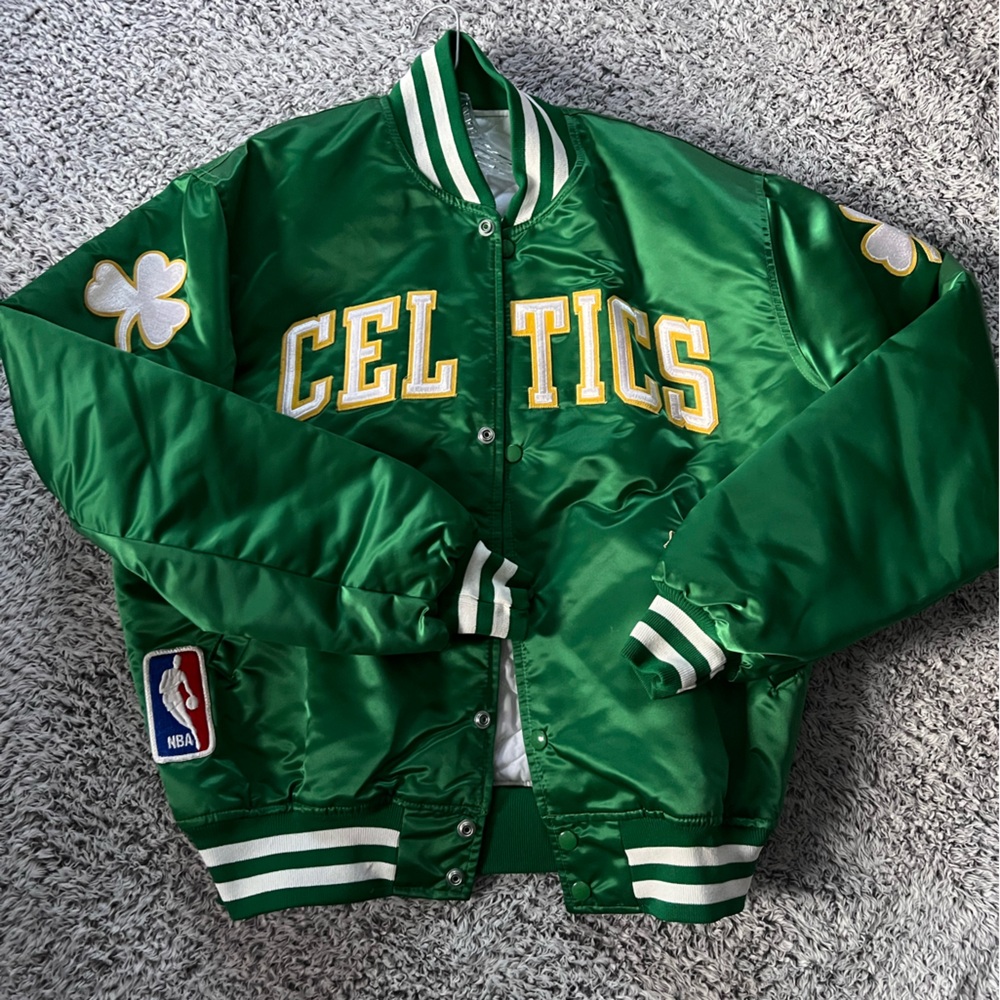 NBA Green Celtics Satin Bomber Jacket with Yellow & White Accents